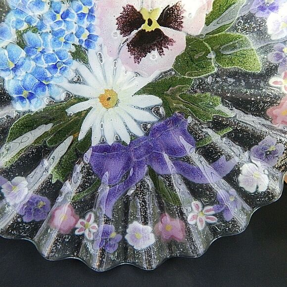 Fused Glass Floral Bouquet Plate Dish Pansy Daisy Ruffled Edge 10.5 In Signed - Picture 5 of 8